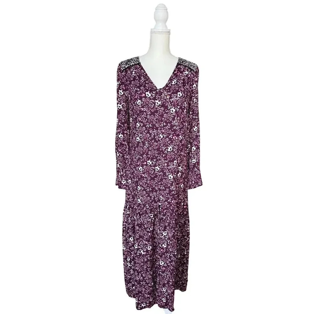 Marks & Spencer Long Sleeve Floral V-Neck Button Front Midi Dress - Size UK 8